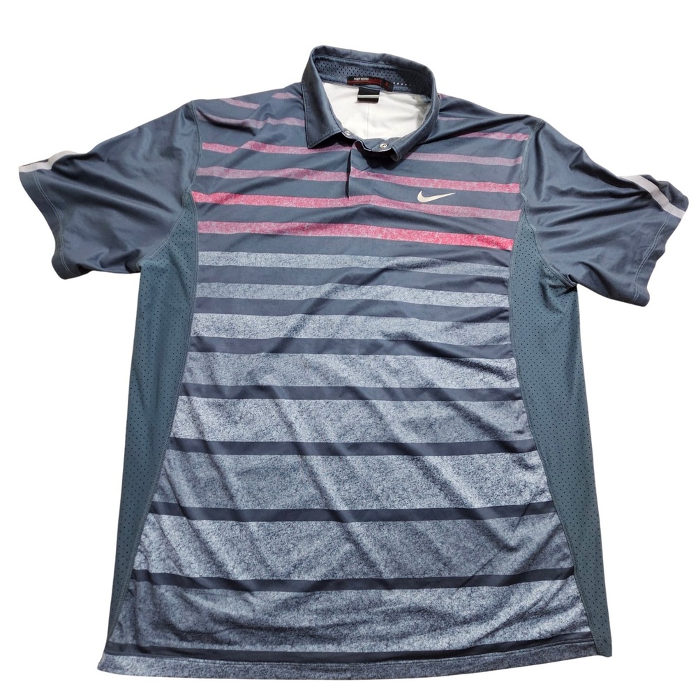Nike Tiger Woods Golf Polo Large Grey Red Striped Dri-FIT 518104-426